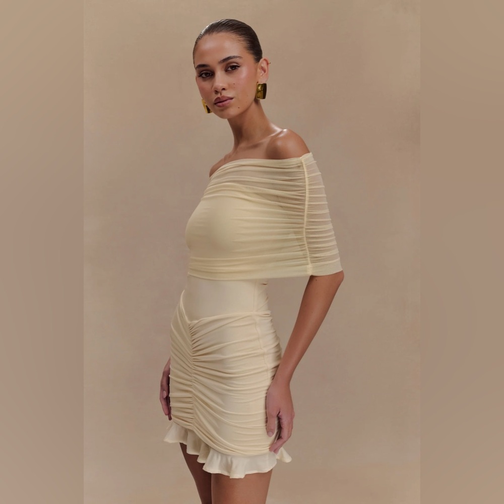 NWT MESHKI Caspian Slinky And Mesh Off Shoulder Mini Dress - Ivory